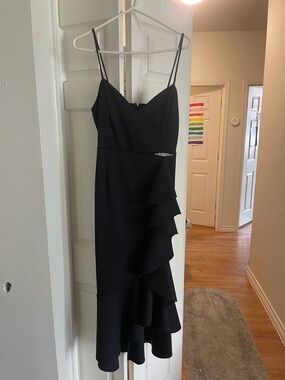 Elegant Black Ruffle Midi Dress with Spaghetti Straps